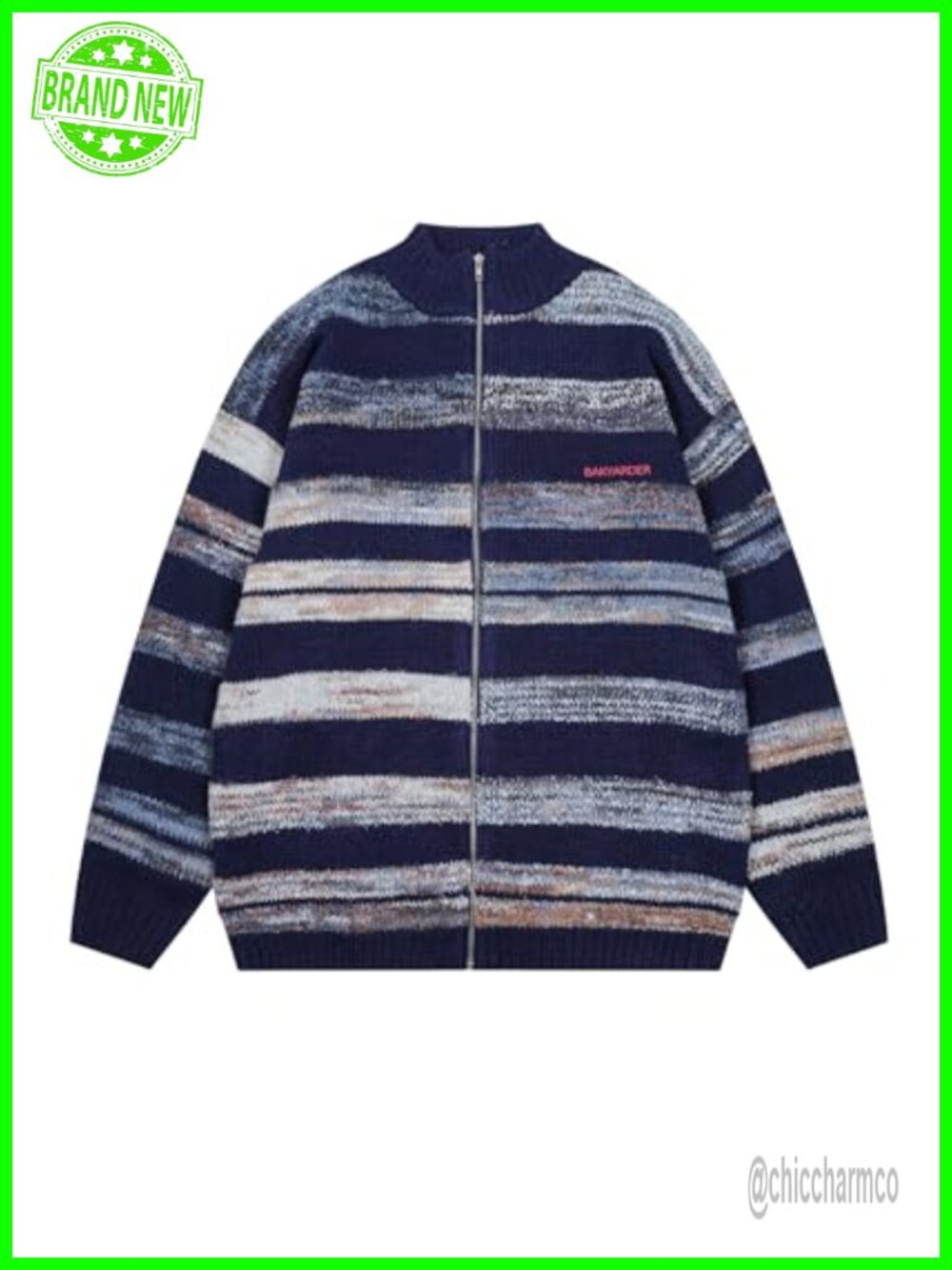 Striped Zip Up Cardigan Women Turtleneck Sweater Oversized Knit